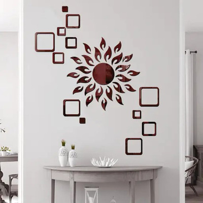 wall1ders 60 cm Sun Golden With 12 Square Brown Self Adhesive Sticker(Pack of 1)