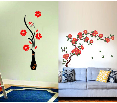 APTIO 45 cm Wall stickers For Decor | f.loral Branch Antique f.lowers & f.lower Vase Red Self Adhesive Sticker(Pack of 2)