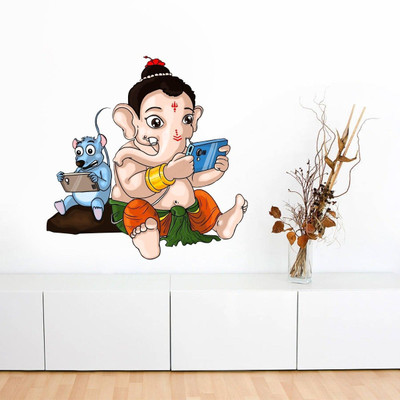 VCREATE DECOR 58 cm Ganesh with mobile wall sticker Self Adhesive Sticker(Pack of 1)