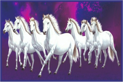 Stikor 12 inch White 7 Lucky Running Horses Vastu Painting (12X18 inch,Rolled) Wall Poster Removable Sticker(Pack of 1)