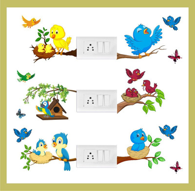 Heaven Decors 20 cm Colorful Birds On Tree Branch Decorative & ( Rangoli Floral & Botanical ) Combo Self Adhesive Sticker(Pack of 1)