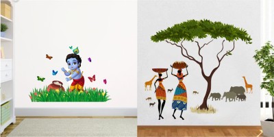 rawpockets 1 cm Shri Krishna Kid::African Jungle Artistic Tribal Ladies With Animal Nature Story Removable Sticker(Pack of 2)
