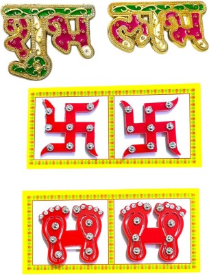 RUPALTTOYSBABA 8.89 cm Designer Subh Labh Swasthik & Laxmi Feet Hindu Pooja mandir Temple Diwali Decore Non-Reusable Sticker(Pack of 3)