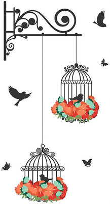 KgnDesigns 58 cm Hanging Birds Cage with Flowers' Wall Sticker (PVC Vinyl, 50 cm x 70 cm) Self Adhesive Sticker(Pack of 1)