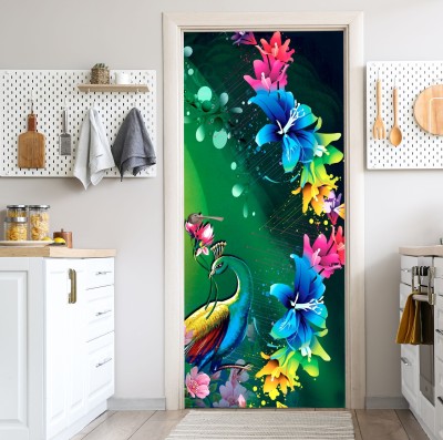 We Kreate 213 cm 3D Embossed Peacock Door wallpaper Self Adhesive Sticker(Pack of 1)