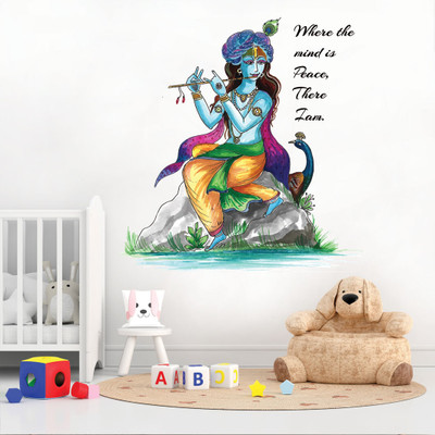 WALMORA 100 cm Lord Krishna - Plays Flute - Peace - Singing - Festive - Wall sticker - WM 562 Self Adhesive Sticker(Pack of 1)