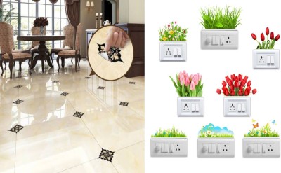 Merical 90 cm leaf floor and SB Flower Self Adhesive Sticker(Pack of 9)