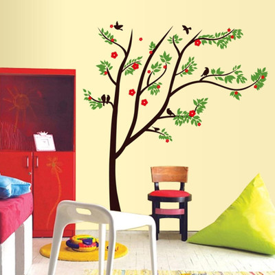 JAAMSO ROYALS 90 cm Multicolor Tree with Birds Self Adhesive PVC Vinyl Removable Sticker(Pack of 1)