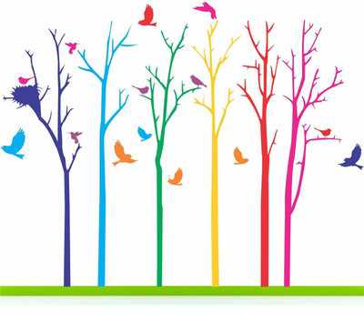 stylishdecor 60 cm m...multicolour tree and bird Self Adhesive Sticker(Pack of 1)