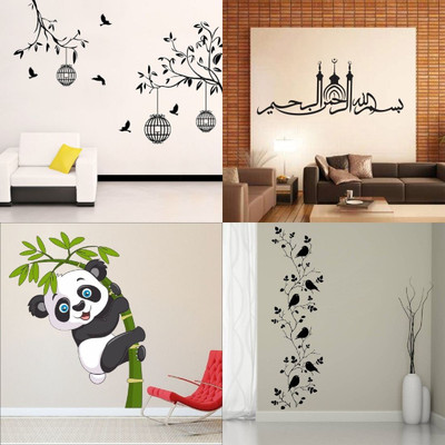 GharKraft 150 cm Combo of 4 Wall Sticker Free Bird Case Black-(150 X 115 Cms) Reusable Sticker(Pack of 4)