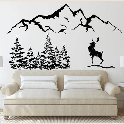 SnappyVinyl 57 cm Mountains and Deer Self Adhesive Sticker(Pack of 1)