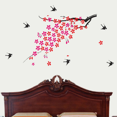 walkart 1 cm pink and red flower branch with birds Removable Sticker(Pack of 1)
