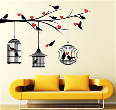 Inkfence 121 cm Wall Decal Sticker 'Love Birds Cages Tree with Hearts' Wall Sticker Self Adhesive Sticker(Pack of 1)