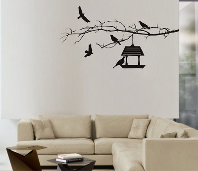MY WALLORA 80 cm Bird House Wall Sticker Black Birds And Bird house tree Self Adhesive Sticker(Pack of 1)