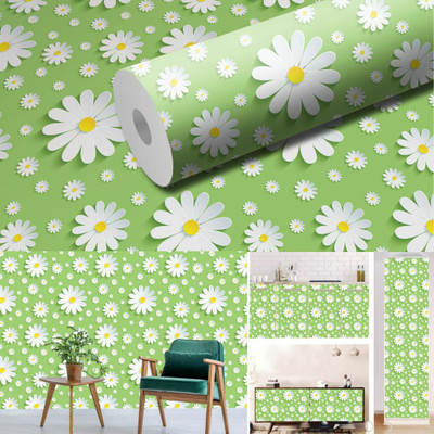 DeCorner 300 cm Green & White Flower Self Adhesive Sticker(Pack of 1)
