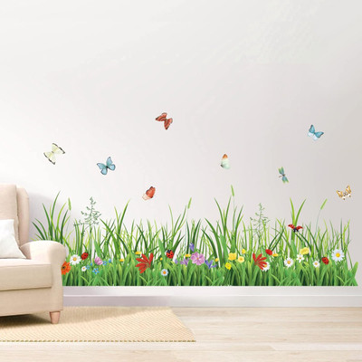 Inkfence 132 cm Green Grass Wall Corner Stickers Flowers Butterflies Baseboard Skirting Line Self Adhesive Sticker(Pack of 1)