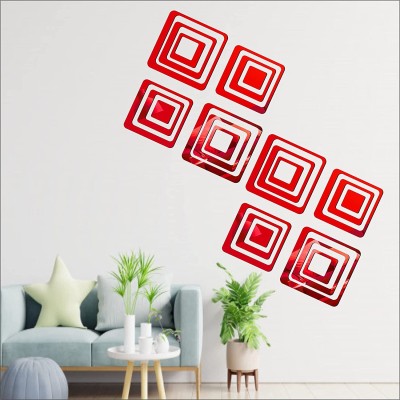 HAPPINY 14 cm 24 Square Red, 3D Acrylic Six Size Square Mirror Stickers for Wall Self Adhesive Sticker(Pack of 1)
