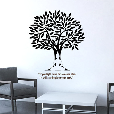 rawpockets 95 cm Black Lord Buddha Under Tree With Life Quotes Self Adhesive Sticker(Pack of 1)