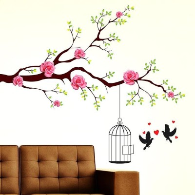 Inkfence 130 cm Wall Stickers Rose Flower Branch & Cage Birds Couple Living Room Self Adhesive Sticker(Pack of 1)