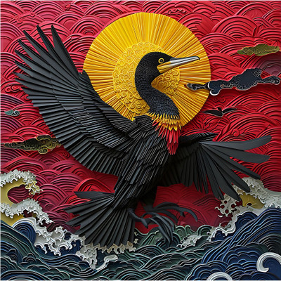 SoFFXia 18 inch Cormorant_Origami Animal 3D Decorative Wall Sticker for Living Room Self Adhesive Sticker(Pack of 1)