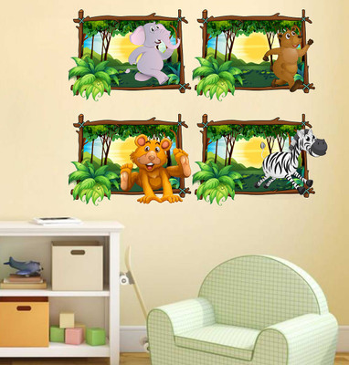 LANSTICK 106.68 cm CUTE ANIMALS WITH FRAMES STICKER Self Adhesive Sticker(Pack of 1)