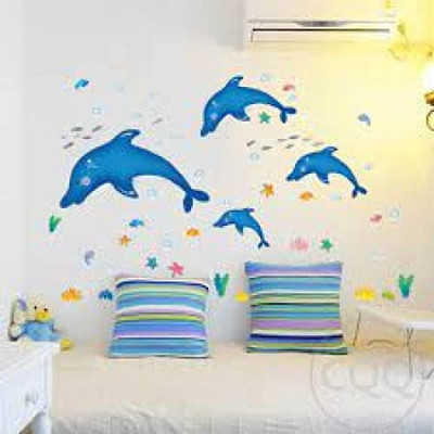 JAAMSO ROYALS 45 cm Dolphin Fish marine Animals Wall Décor (60CM x 45CM)) Self Adhesive Sticker(Pack of 1)