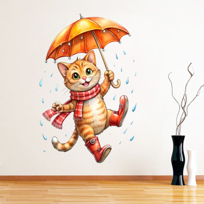 Krishna Sticker 60 cm Cat With Umbrella Animals Self Adhesive Sticker(Pack of 1)