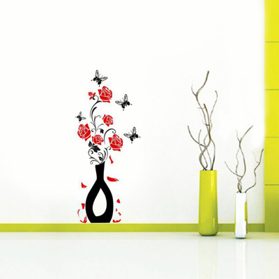 Stickerberry 86 cm Flowerpot with Butterfly Wall sticker 37 CM X 86 CM Self Adhesive Sticker(Pack of 1)