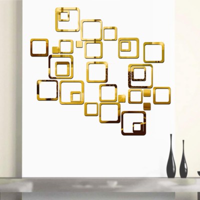 HAPPINY 14 cm 30 Square Golden, 3D Acrylic Six Size Square Mirror Stickers for Wall Self Adhesive Sticker(Pack of 1)