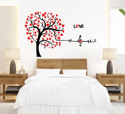 ZEN TREK 45 cm Tree With Red Love Heart Beat Peace Couple Together Self Adhesive Sticker(Pack of 1)