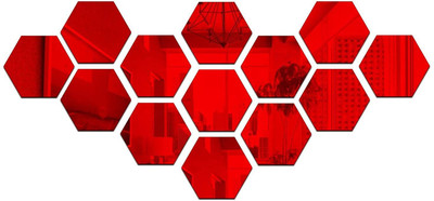 Asmi Collections 12 cm Red Hexogon Acrylic Mirror Self Adhesive Sticker(Pack of 13)
