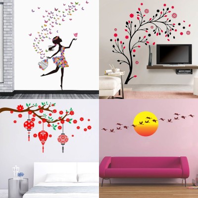 APTIO 45 cm Wall Sticker Dreamy Girl magical tree Red flower & lantern Sunrise & Flying Bird Self Adhesive Sticker(Pack of 4)
