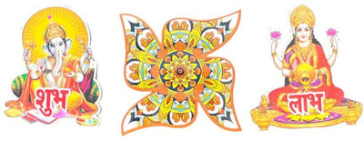 Lakhdatar Mall 1.5 inch Laxmi Ganesh Wooden Subh Labh & Swastik Design for Mandir Pooja Room Removable Sticker(Pack of 1)