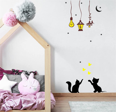 MY WALLORA 183 cm Wall Decal Sticker Playing cat Under Lamps Moon Star Wall Sticker Self Adhesive Sticker(Pack of 1)