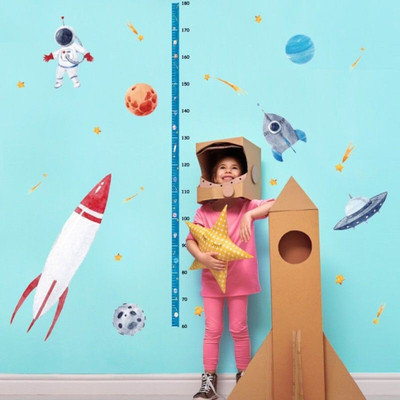 JAAMSO ROYALS 50 cm Cute Cartoon Space Rocket Height Chart Wall Sticker Self Adhesive Sticker(Pack of 1)