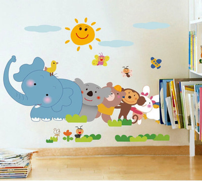 Décor vibe 60 cm latest Jungle Cartoon Cute Animals' Wall Sticker ( 60 cm x 90 cm) Self Adhesive Sticker(Pack of 1)