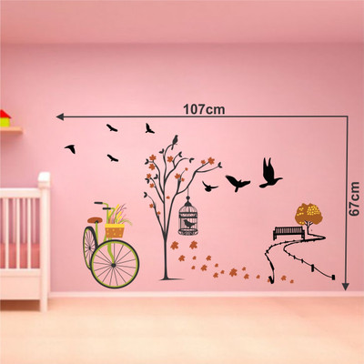 Aashrut decor 95 cm Beautiful Tree Cycle and Birds in Autumn Wall sticke Self Adhesive Sticker(Pack of 1)