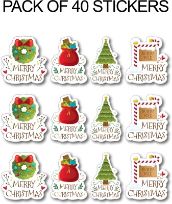 D2C 1.5 inch Merry Christmas With 4 Design Peel & stick Sticker for Gift Wrapping D3 Self Adhesive Sticker(Pack of 40)