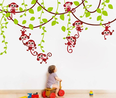 WALLARSH 120 cm Branch With Funny Monkeys Self Adhesive Sticker(Pack of 1)
