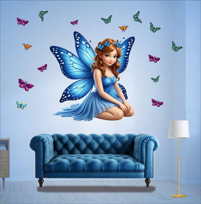 KUKU HOME DÉCOR 122 cm CUTE 3D ROYAL BLUE FAIRY WITH BUTTERFLIES. PREMIUM WALL STICKER Self Adhesive Sticker(Pack of 1)
