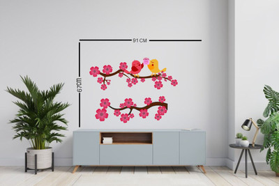 Decoar Nirmal 58 cm Pink flower with love birds tree wall sticker size (91x67cm) Self Adhesive Sticker(Pack of 1)