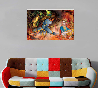 Asmi Collections 90 cm Krishna Playing Flute with Radha Painting Self Adhesive Sticker(Pack of 1)
