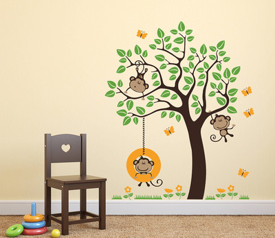 Wallme 100 cm Tree with Monkeys | Non-Reusable Stickers Self Adhesive Sticker(Pack of 1)