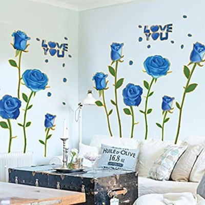 JAAMSO ROYALS 60 cm Blue Rose Flower Removable Vinyl Self Adhesive Wall Sticker ( 45 CM X 60 CM ) Self Adhesive Sticker(Pack of 1)