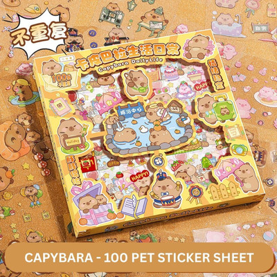 Jaravik 18 cm Capybara Theme PET Stickers,Kawaii Sticker –100 Pet stickers Sheets, Japanese Self Adhesive Sticker(Pack of 1)