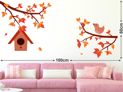 LANSTICK 106.68 cm NATURAL TREE WITH SPARROW AND NEST STICKER Self Adhesive Sticker(Pack of 1)