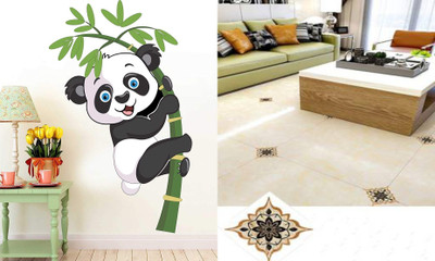 Walltech 90 cm Baby Panda with and rangoli floor Self Adhesive Sticker(Pack of 2)