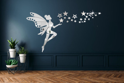Trishvas 12 inch Silver Angel with Stars Mirror Wall Sticker (25×30 cm) – Glossy Wall Decor Self Adhesive Sticker(Pack of 1)