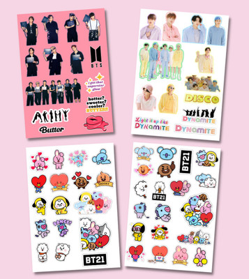 The K Fandom 21 cm BTS - BT21 Stickers ( Pack of 4 Sheets ) Total 66 Stickers Self Adhesive Sticker(Pack of 4)