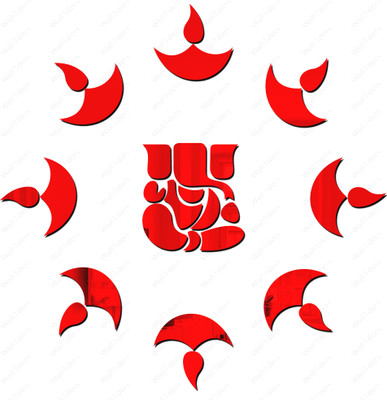 wall1ders 20 cm Small Ganesha 10 Diya Red Acrylic mirror Self Adhesive Sticker(Pack of 1)